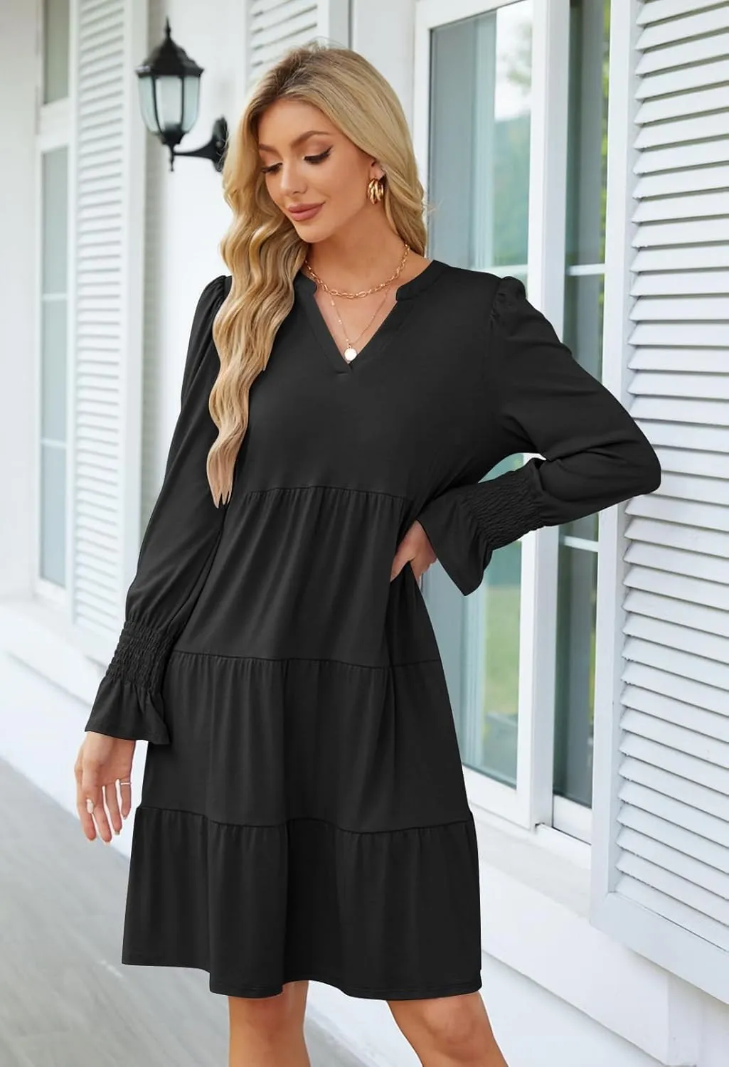 MEROKEETY Women's 2024 Long Sleeve Midi Dress V Neck Flowy Swing Ruffle Tiered Fall Casual Dresses
