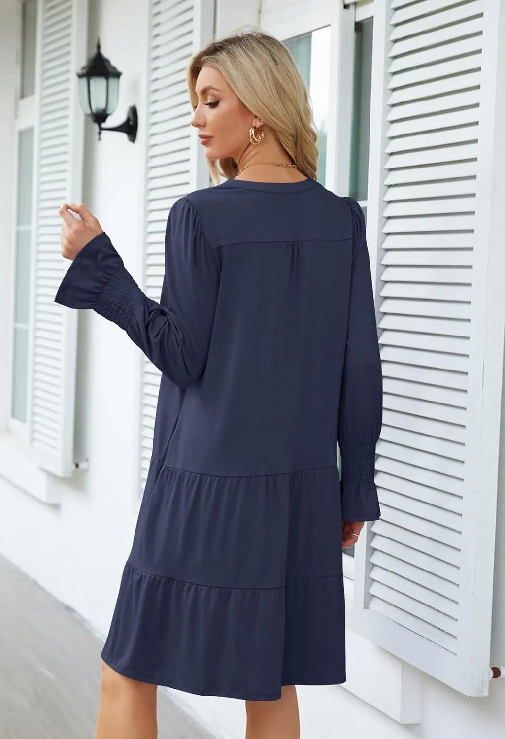 MEROKEETY Women's 2024 Long Sleeve Midi Dress V Neck Flowy Swing Ruffle Tiered Fall Casual Dresses