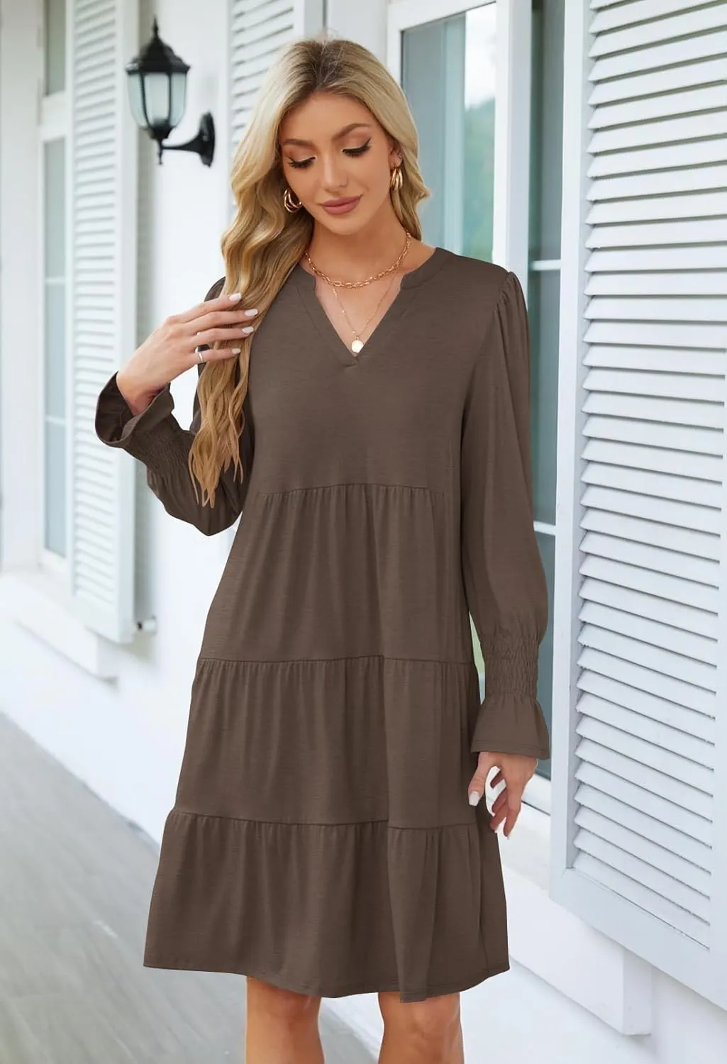 MEROKEETY Women's 2024 Long Sleeve Midi Dress V Neck Flowy Swing Ruffle Tiered Fall Casual Dresses