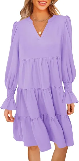 MEROKEETY Women's 2024 Long Sleeve Midi Dress V Neck Flowy Swing Ruffle Tiered Fall Casual Dresses