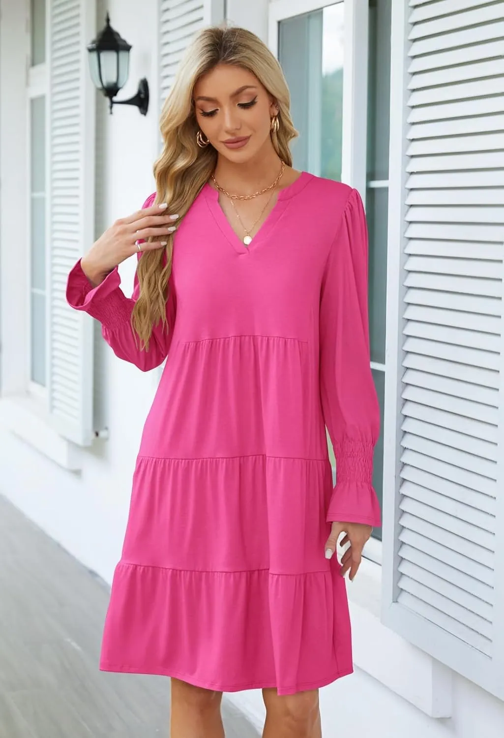 MEROKEETY Women's 2024 Long Sleeve Midi Dress V Neck Flowy Swing Ruffle Tiered Fall Casual Dresses