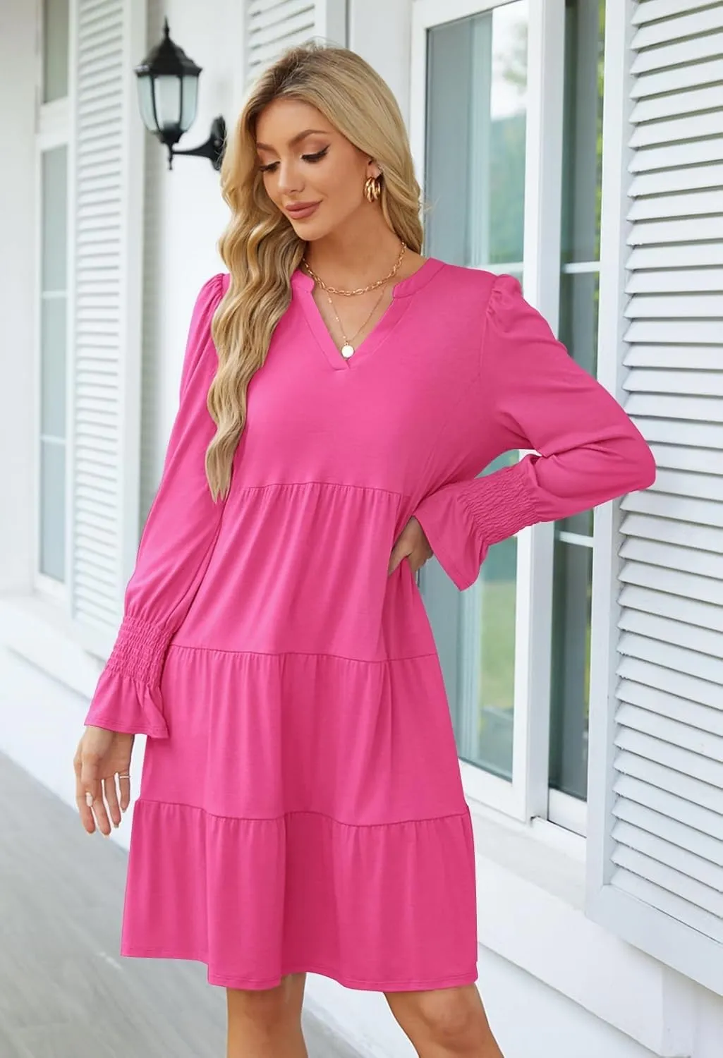 MEROKEETY Women's 2024 Long Sleeve Midi Dress V Neck Flowy Swing Ruffle Tiered Fall Casual Dresses