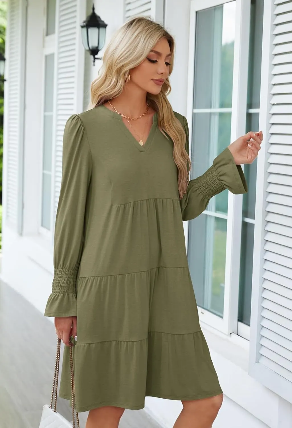 MEROKEETY Women's 2024 Long Sleeve Midi Dress V Neck Flowy Swing Ruffle Tiered Fall Casual Dresses
