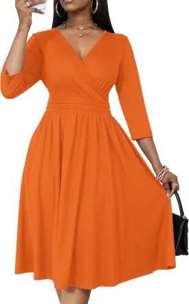 Nmoder Women's Wrap Dress Cocktail Church Wedding Midi Dress A-Line V Neck 3/4 Sleeve Casual Dresses with Pockets
