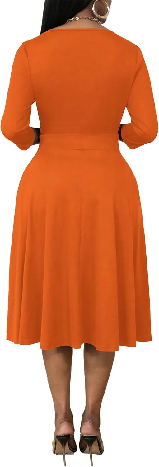 Nmoder Women's Wrap Dress Cocktail Church Wedding Midi Dress A-Line V Neck 3/4 Sleeve Casual Dresses with Pockets