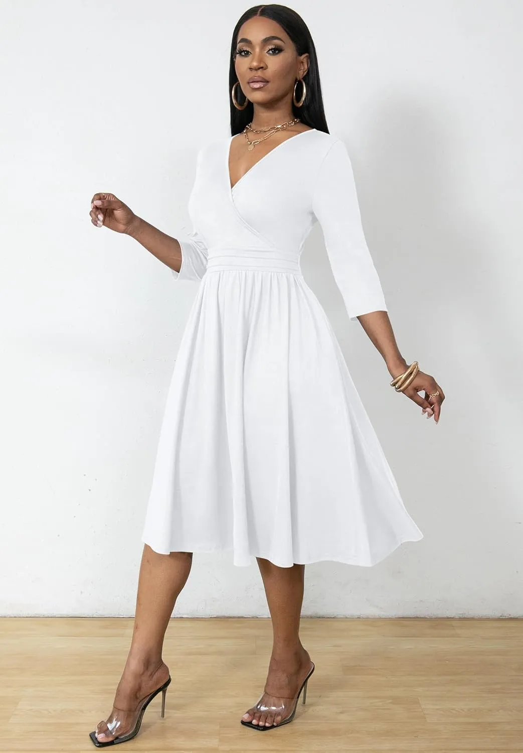 Nmoder Women's Wrap Dress Cocktail Church Wedding Midi Dress A-Line V Neck 3/4 Sleeve Casual Dresses with Pockets