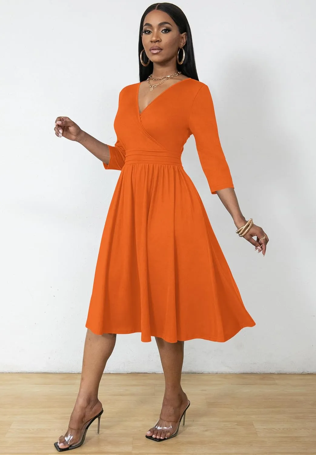 Nmoder Women's Wrap Dress Cocktail Church Wedding Midi Dress A-Line V Neck 3/4 Sleeve Casual Dresses with Pockets