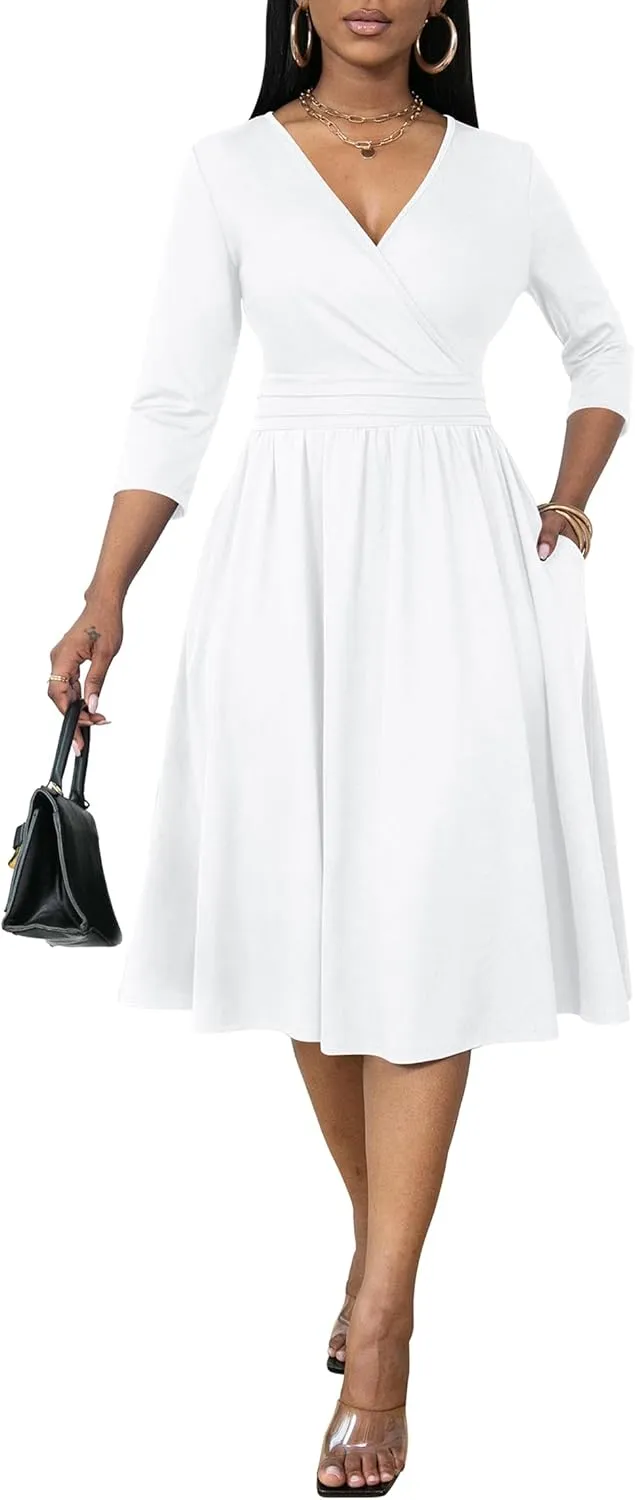 Nmoder Women's Wrap Dress Cocktail Church Wedding Midi Dress A-Line V Neck 3/4 Sleeve Casual Dresses with Pockets