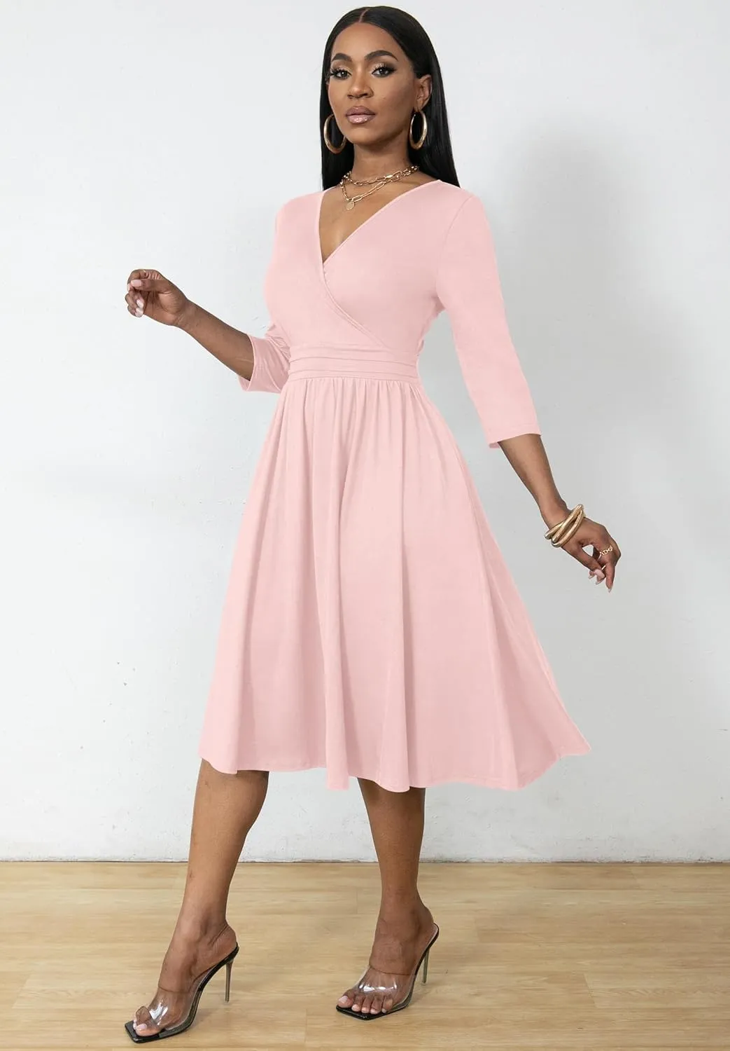 Nmoder Women's Wrap Dress Cocktail Church Wedding Midi Dress A-Line V Neck 3/4 Sleeve Casual Dresses with Pockets