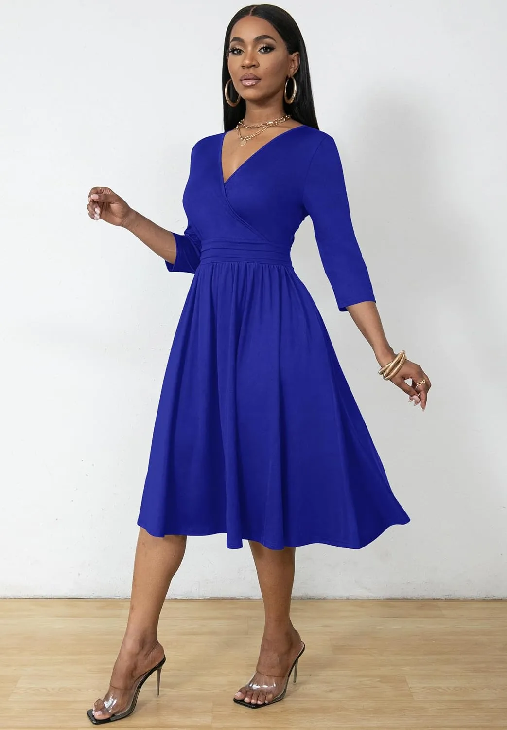 Nmoder Women's Wrap Dress Cocktail Church Wedding Midi Dress A-Line V Neck 3/4 Sleeve Casual Dresses with Pockets