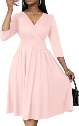 Nmoder Women's Wrap Dress Cocktail Church Wedding Midi Dress A-Line V Neck 3/4 Sleeve Casual Dresses with Pockets