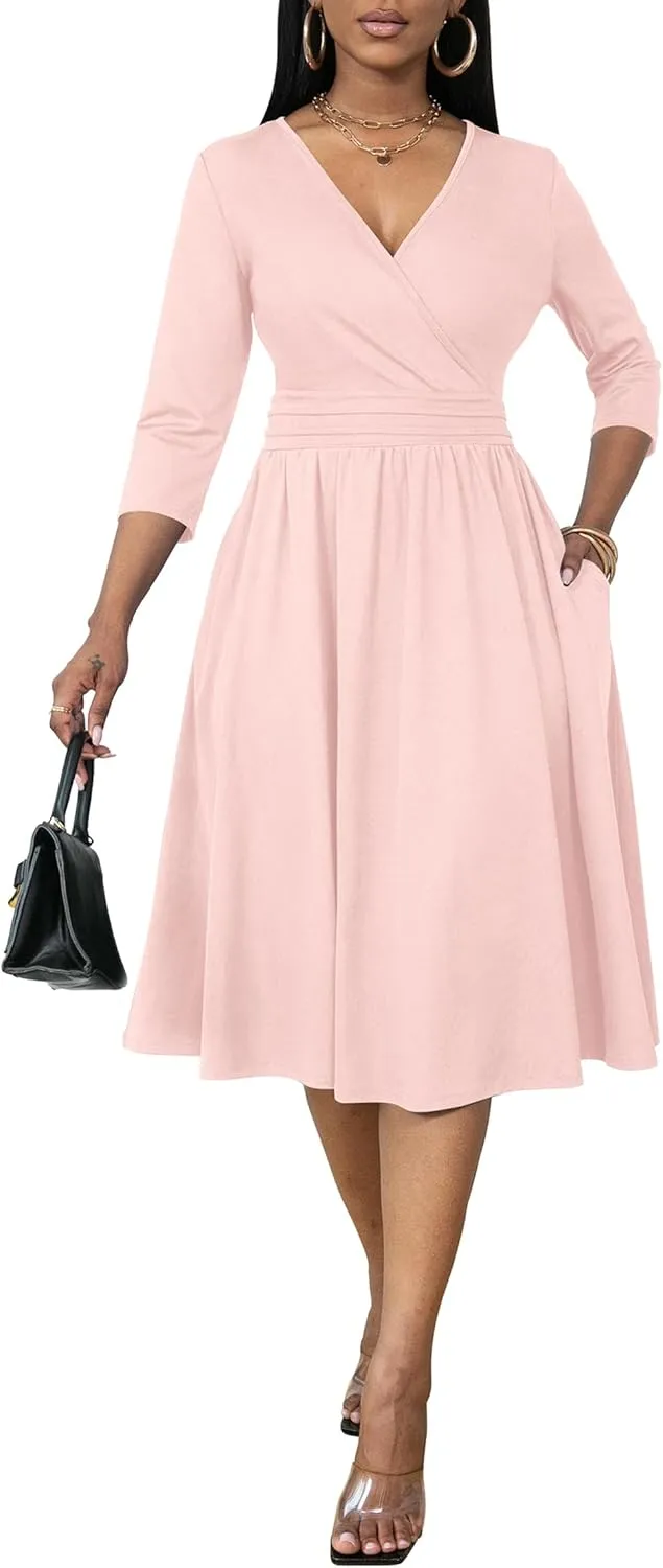 Nmoder Women's Wrap Dress Cocktail Church Wedding Midi Dress A-Line V Neck 3/4 Sleeve Casual Dresses with Pockets