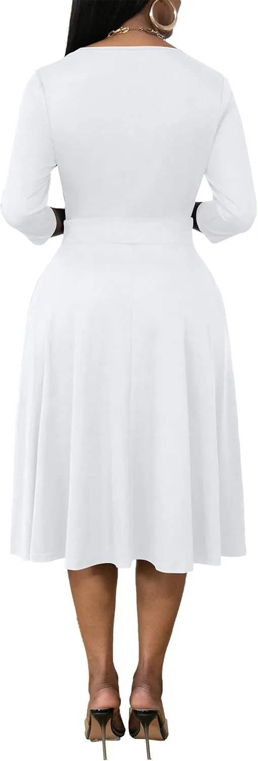 Nmoder Women's Wrap Dress Cocktail Church Wedding Midi Dress A-Line V Neck 3/4 Sleeve Casual Dresses with Pockets