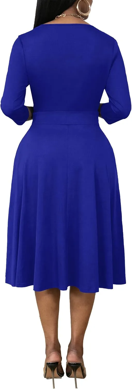 Nmoder Women's Wrap Dress Cocktail Church Wedding Midi Dress A-Line V Neck 3/4 Sleeve Casual Dresses with Pockets