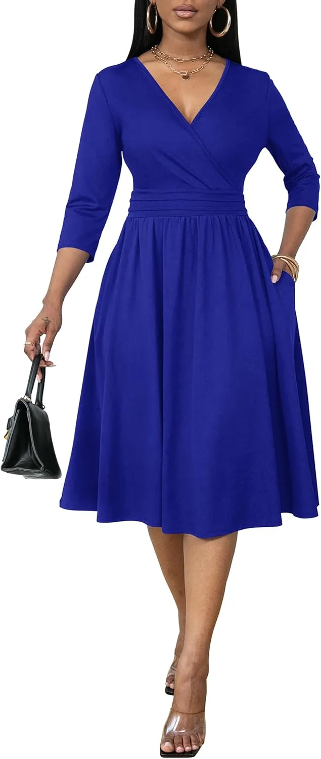Nmoder Women's Wrap Dress Cocktail Church Wedding Midi Dress A-Line V Neck 3/4 Sleeve Casual Dresses with Pockets