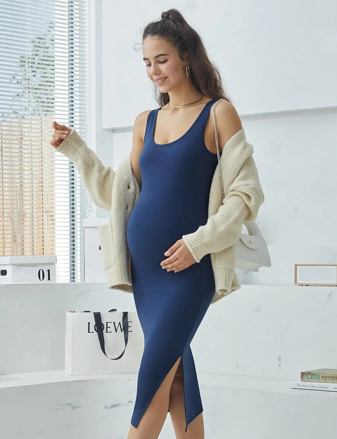 POSHDIVAH Women's Maternity Sleeveless Tank Dress Side Slit Bodycon Pregnancy Clothes Casual for Daily Wearing or Baby Shower
