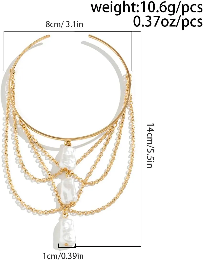 Punk Disc Star Charm Pendant Upper Arm Cuff Irregular Pearl Chain Tassel Armlet Layered Wedding Bridal Bangle Bracelet for Women and Girls