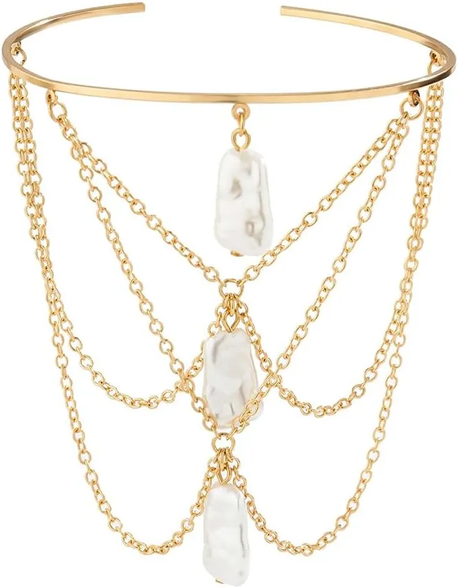 Punk Disc Star Charm Pendant Upper Arm Cuff Irregular Pearl Chain Tassel Armlet Layered Wedding Bridal Bangle Bracelet for Women and Girls