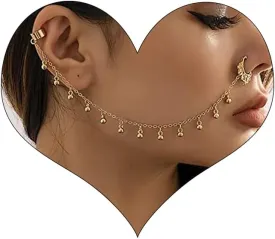 Sexy Pearl Beaded Tassel Nose Ring with Chain to Ear Cuff Non-pierced Septum Hoop Ring Indian Belly Dance Party Nose Accessories for Women