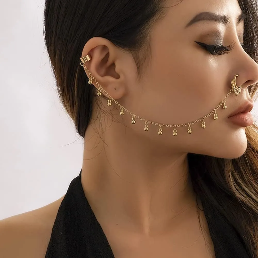 Sexy Pearl Beaded Tassel Nose Ring with Chain to Ear Cuff Non-pierced Septum Hoop Ring Indian Belly Dance Party Nose Accessories for Women