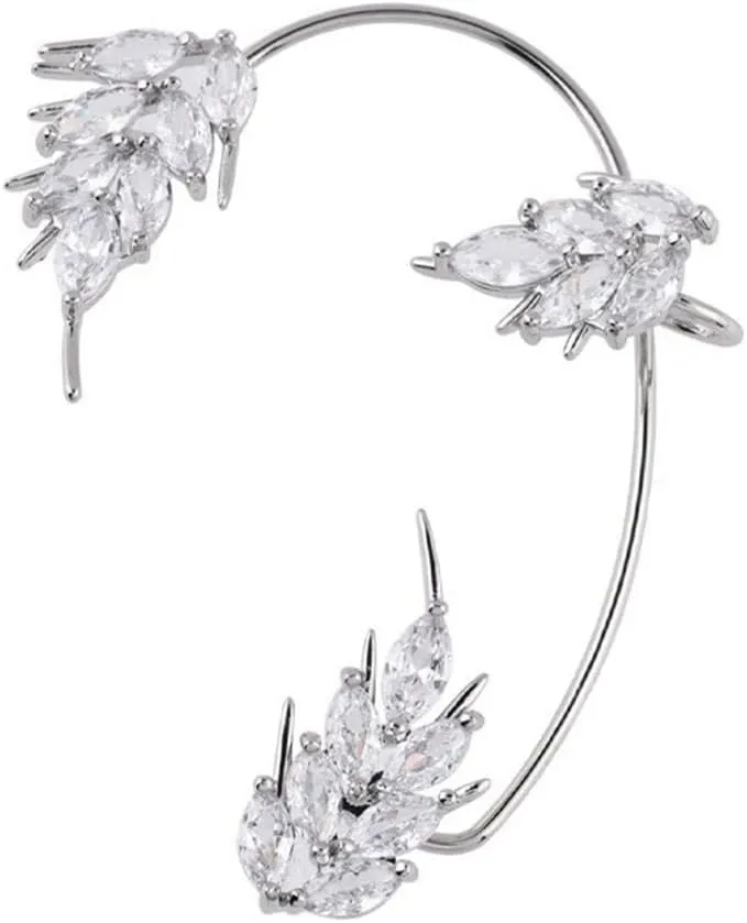 Sparkling Rhinestone Wheat Ear Cuffs 2Pcs Leaf Cartilage Ear Wrap Non-Pierced Fake Earrings Prom Party Festival Accessory for Women