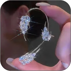Sparkling Rhinestone Wheat Ear Cuffs 2Pcs Leaf Cartilage Ear Wrap Non-Pierced Fake Earrings Prom Party Festival Accessory for Women