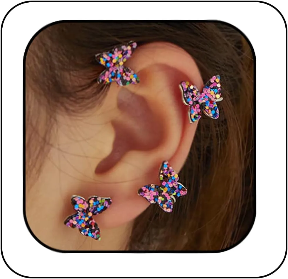Sparkling Sequins Butterfly Ear Cuffs 2pcs Colorful Tiny Butterfly Cartilage Climber Ear Wrap Non-pierced Clip on Earrings for Women