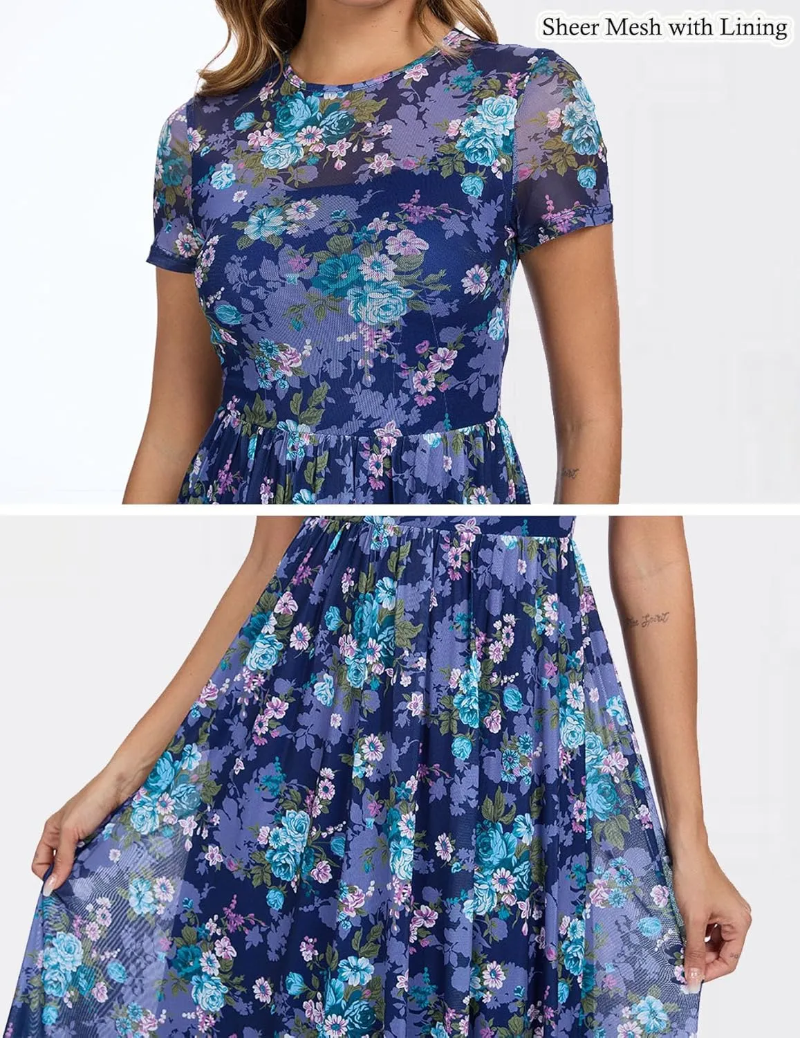 Summer Floral Mesh Maxi Dresses for Women 2025 Sexy Crew Neck Flowy Swing Long Work Cocktail Dress for Wedding Guest