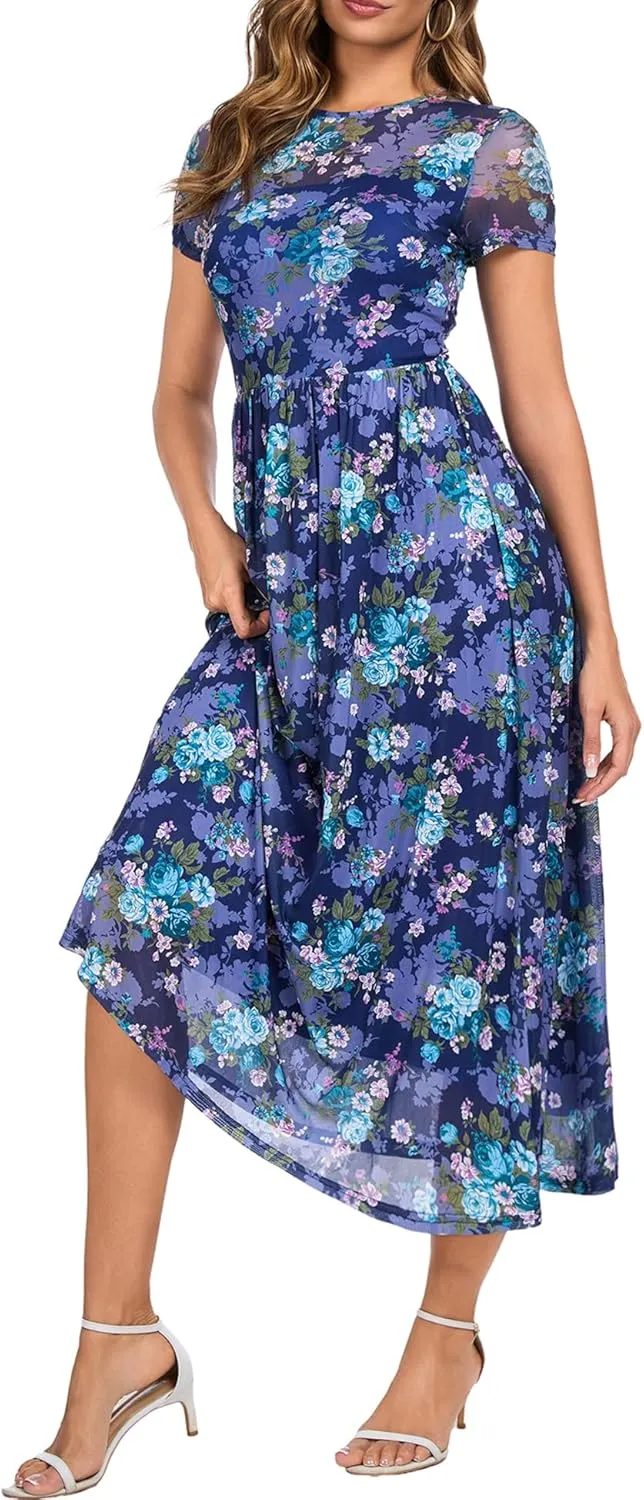 Summer Floral Mesh Maxi Dresses for Women 2025 Sexy Crew Neck Flowy Swing Long Work Cocktail Dress for Wedding Guest