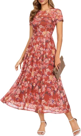 Summer Floral Mesh Maxi Dresses for Women 2025 Sexy Crew Neck Flowy Swing Long Work Cocktail Dress for Wedding Guest