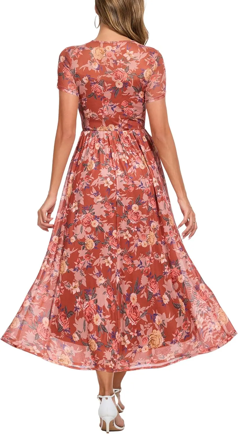 Summer Floral Mesh Maxi Dresses for Women 2025 Sexy Crew Neck Flowy Swing Long Work Cocktail Dress for Wedding Guest
