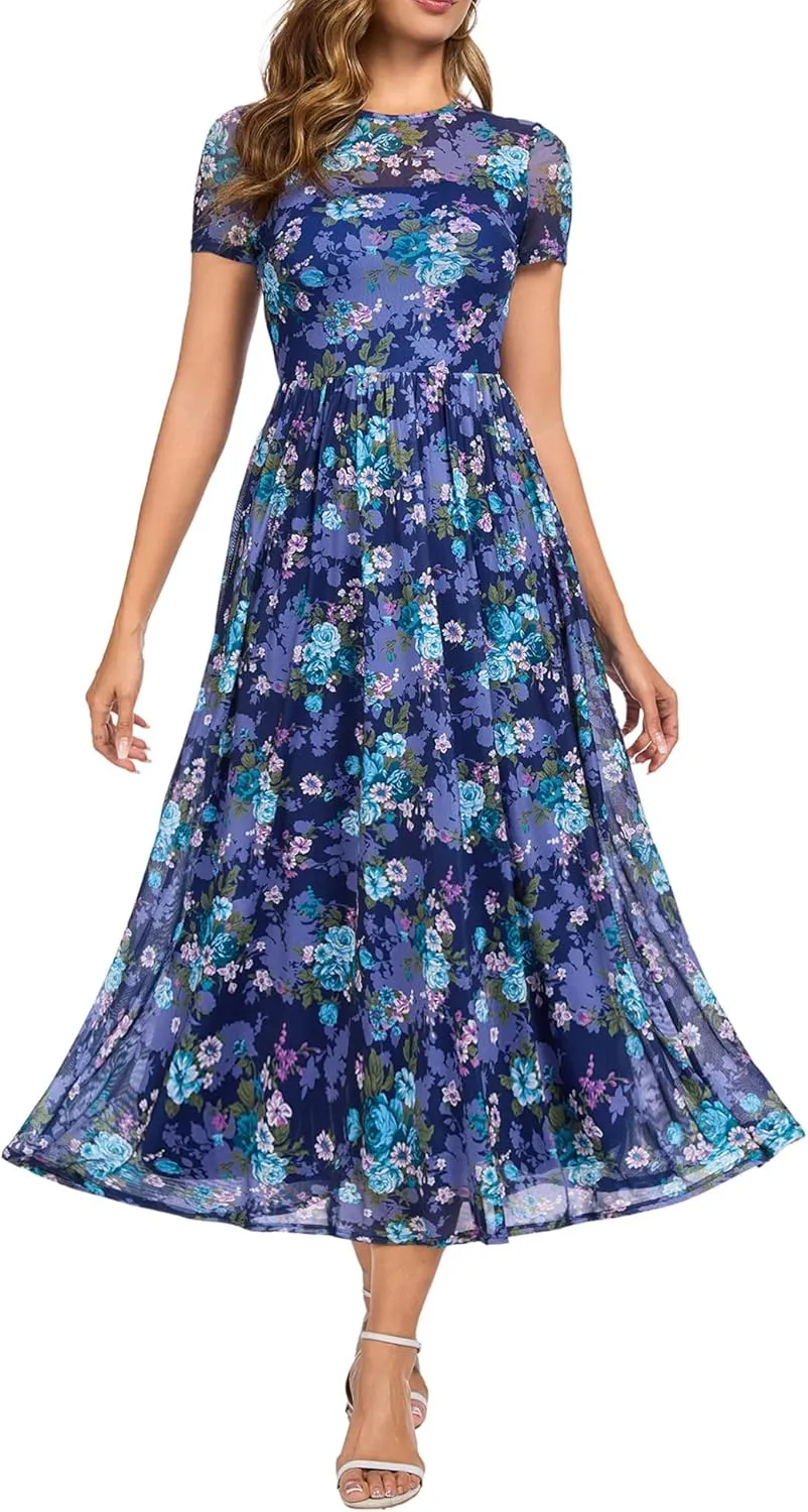 Summer Floral Mesh Maxi Dresses for Women 2025 Sexy Crew Neck Flowy Swing Long Work Cocktail Dress for Wedding Guest