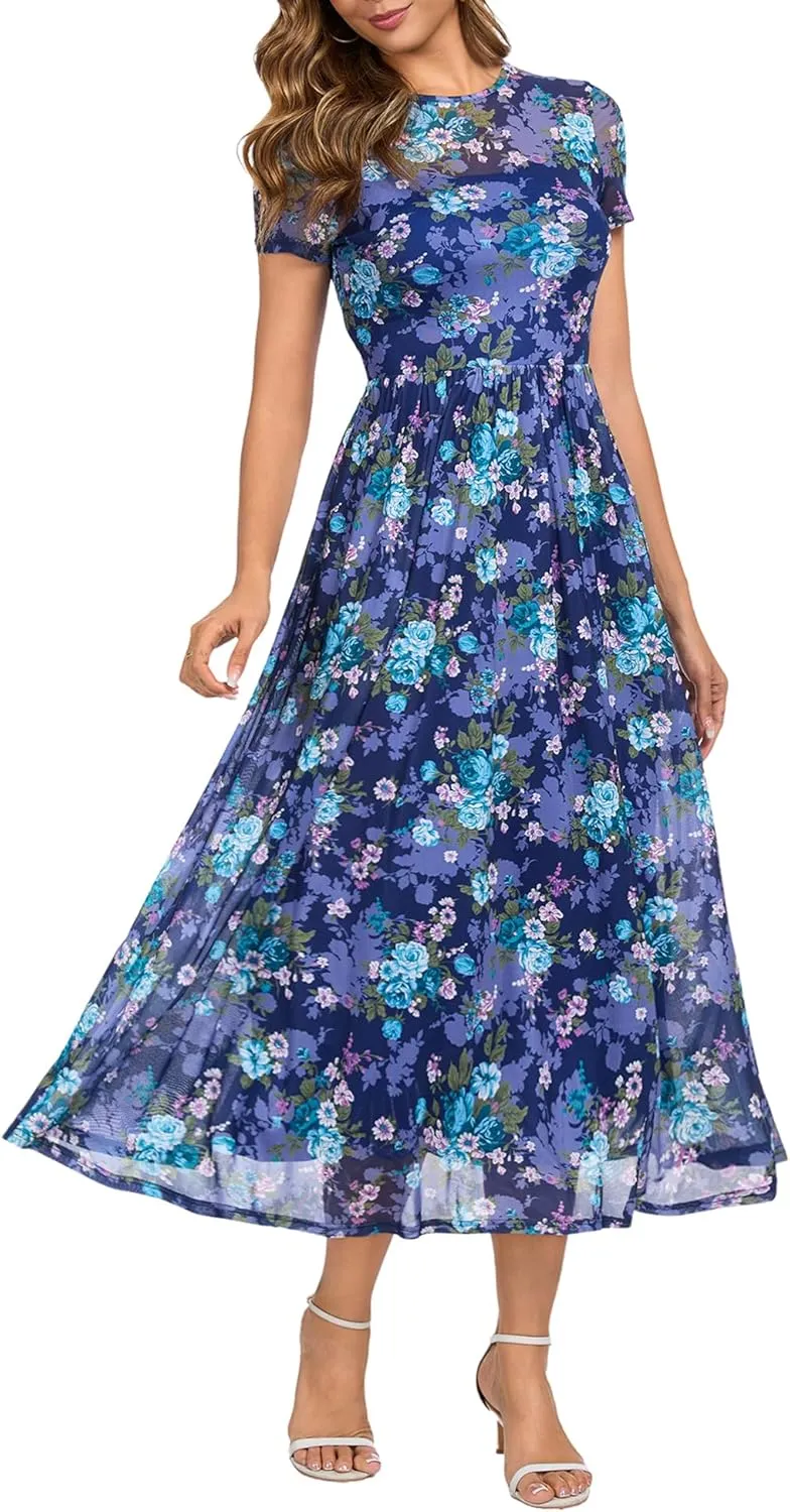 Summer Floral Mesh Maxi Dresses for Women 2025 Sexy Crew Neck Flowy Swing Long Work Cocktail Dress for Wedding Guest