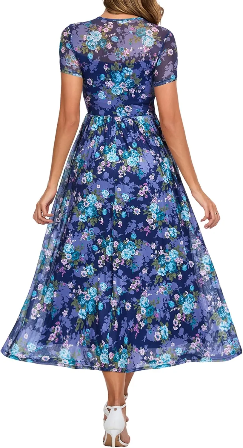 Summer Floral Mesh Maxi Dresses for Women 2025 Sexy Crew Neck Flowy Swing Long Work Cocktail Dress for Wedding Guest