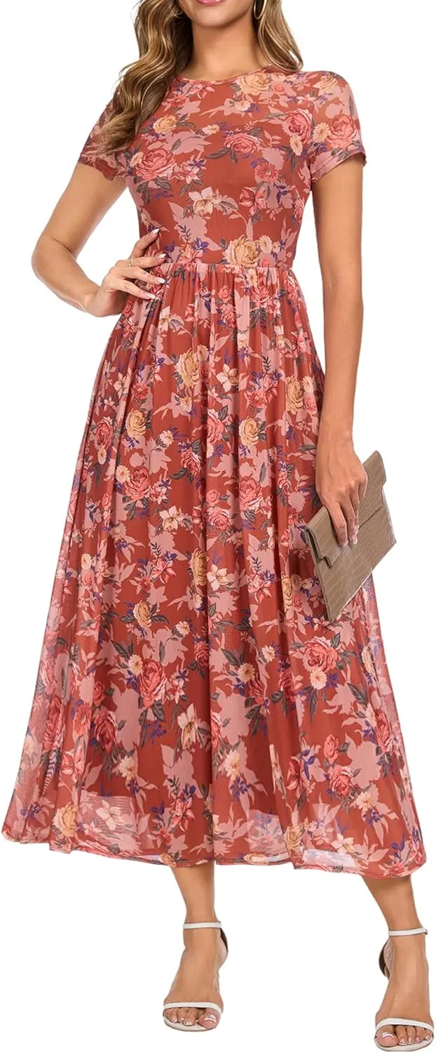 Summer Floral Mesh Maxi Dresses for Women 2025 Sexy Crew Neck Flowy Swing Long Work Cocktail Dress for Wedding Guest