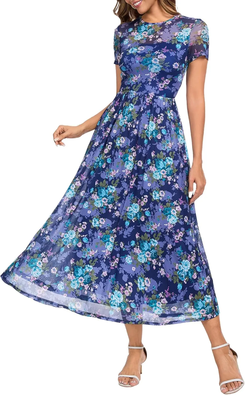 Summer Floral Mesh Maxi Dresses for Women 2025 Sexy Crew Neck Flowy Swing Long Work Cocktail Dress for Wedding Guest