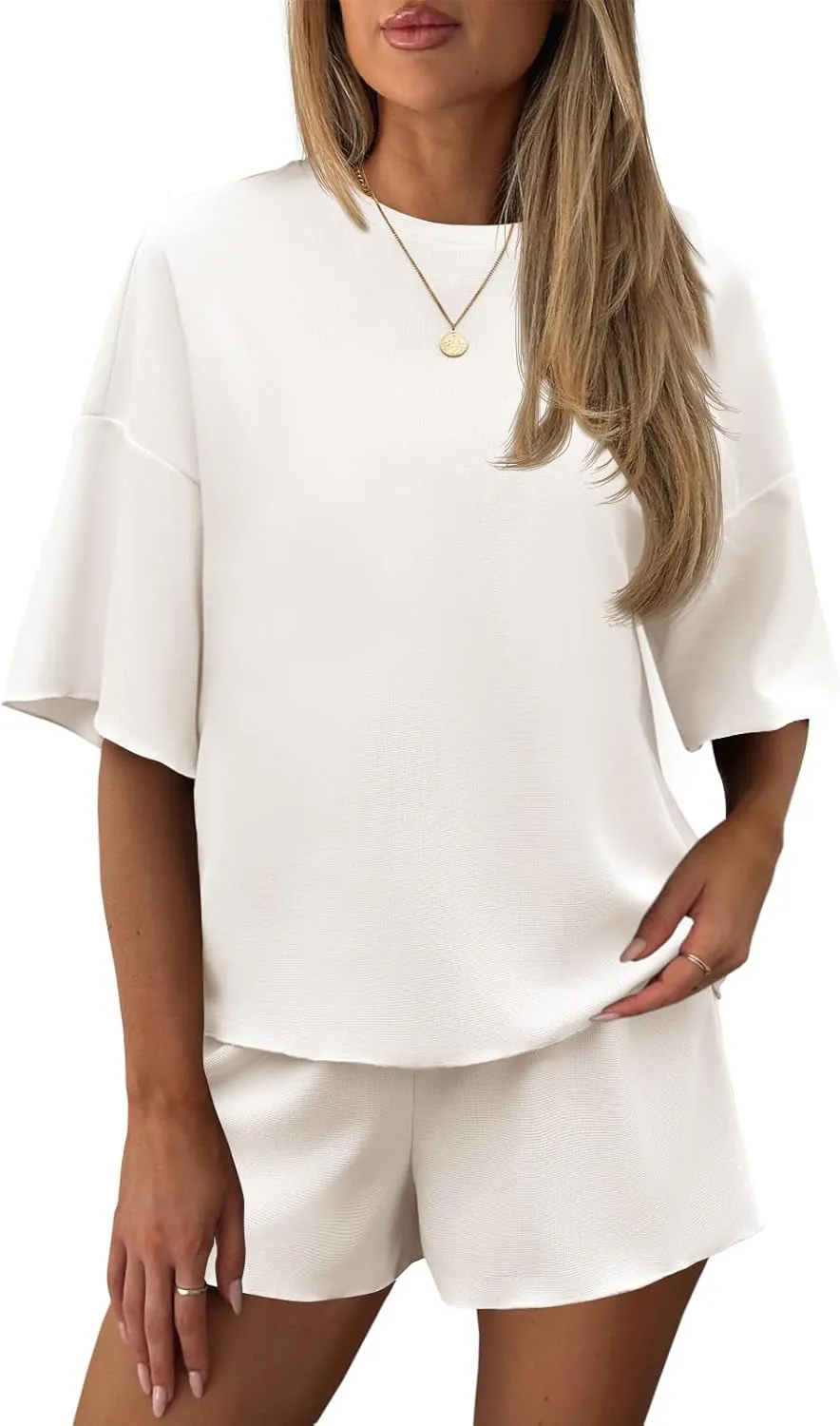 Tankaneo Womens Lounge Set 2 Piece Outfits Wallfe Knit Short Sleeve T-shirts Tops and Shorts Summer Pajama Sets
