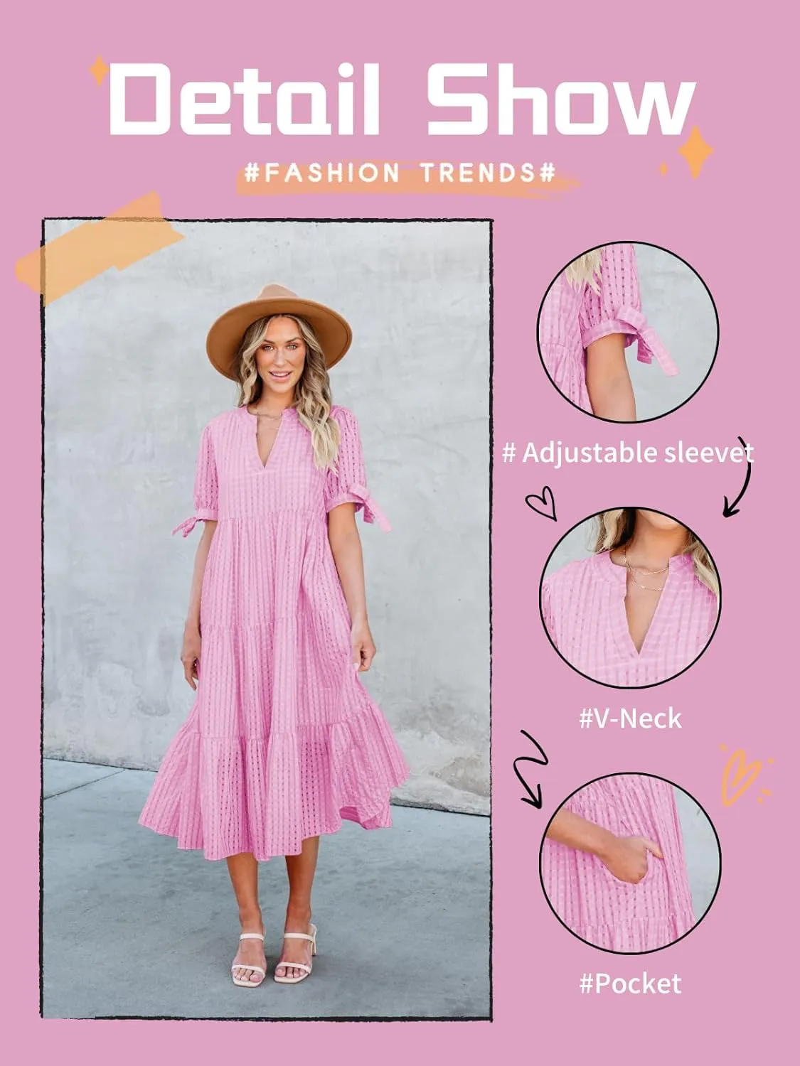 Theenkoln Womens Casual Midi Dress: Short Sleeve V-Neck Empire Waist Gingham Spring Fashion Long Trendy Tiered Formal Dresses