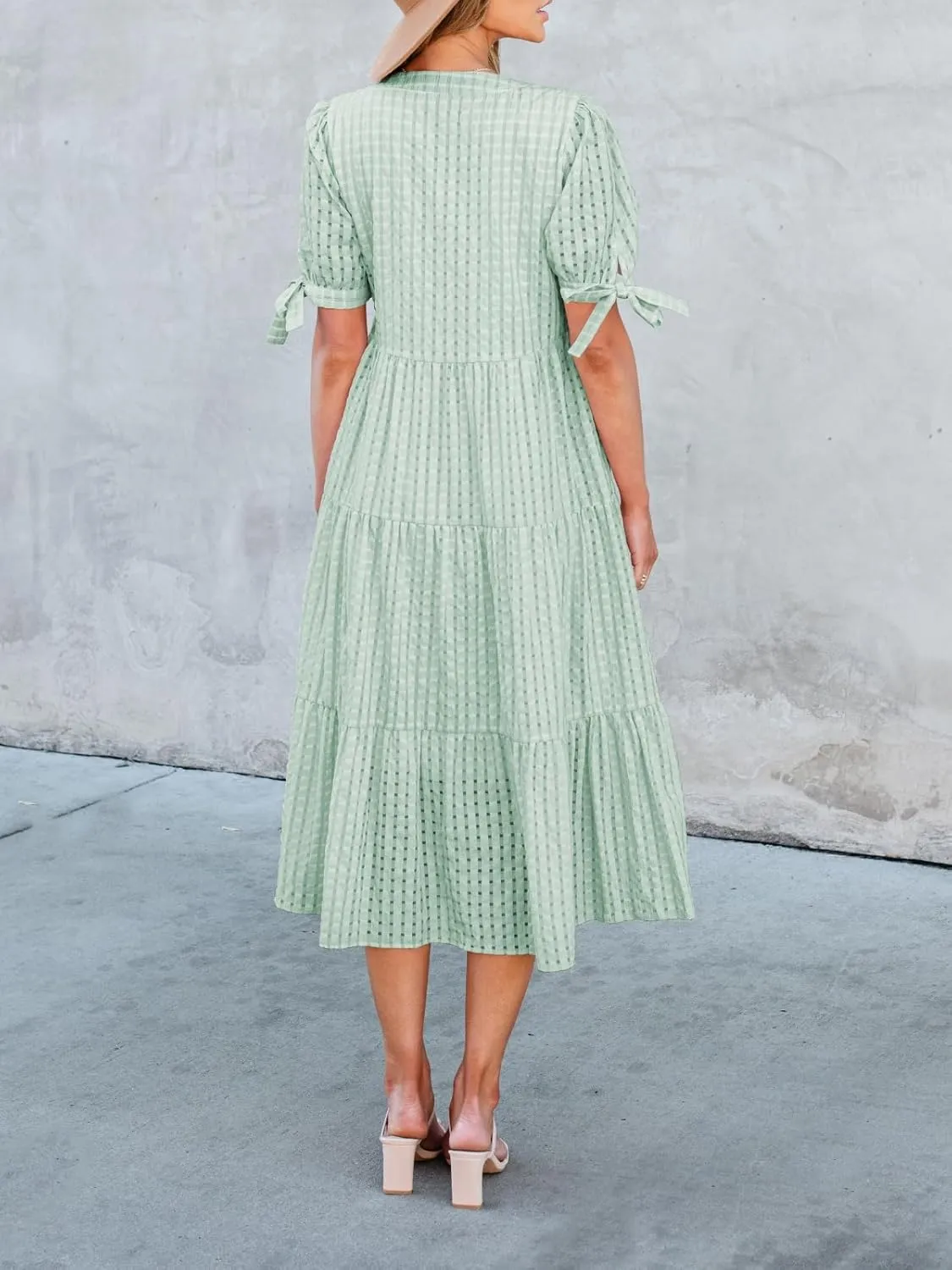 Theenkoln Womens Casual Midi Dress: Short Sleeve V-Neck Empire Waist Gingham Spring Fashion Long Trendy Tiered Formal Dresses