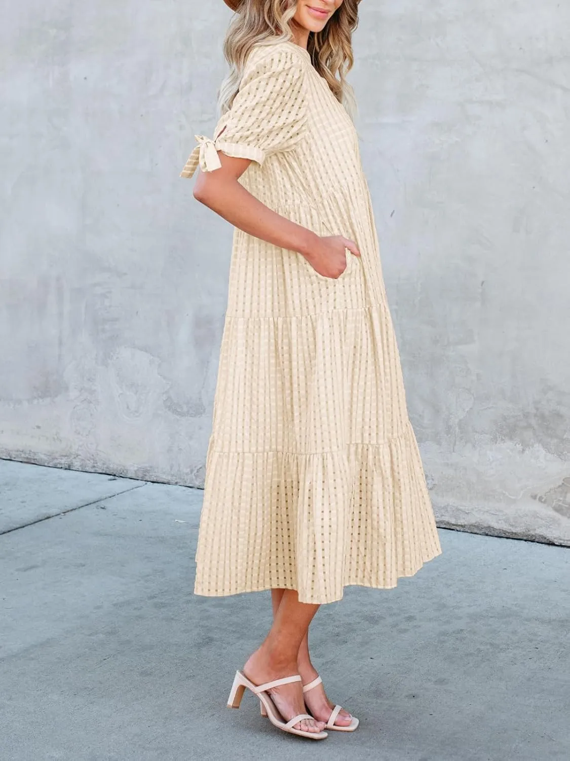 Theenkoln Womens Casual Midi Dress: Short Sleeve V-Neck Empire Waist Gingham Spring Fashion Long Trendy Tiered Formal Dresses