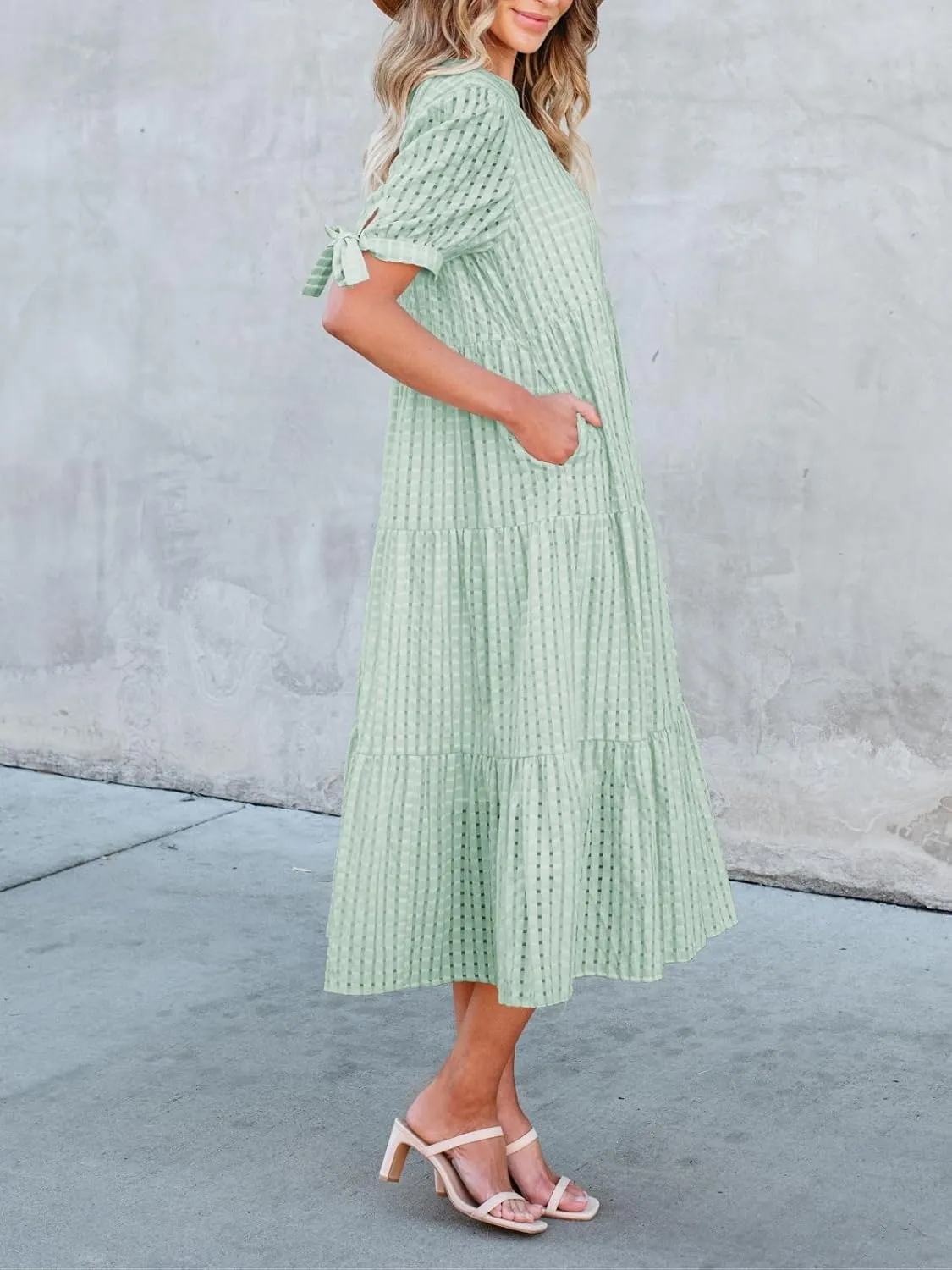 Theenkoln Womens Casual Midi Dress: Short Sleeve V-Neck Empire Waist Gingham Spring Fashion Long Trendy Tiered Formal Dresses