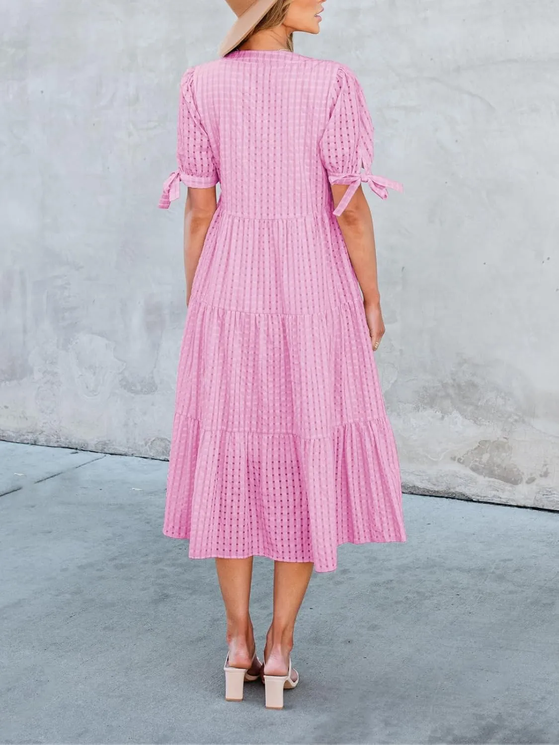 Theenkoln Womens Casual Midi Dress: Short Sleeve V-Neck Empire Waist Gingham Spring Fashion Long Trendy Tiered Formal Dresses