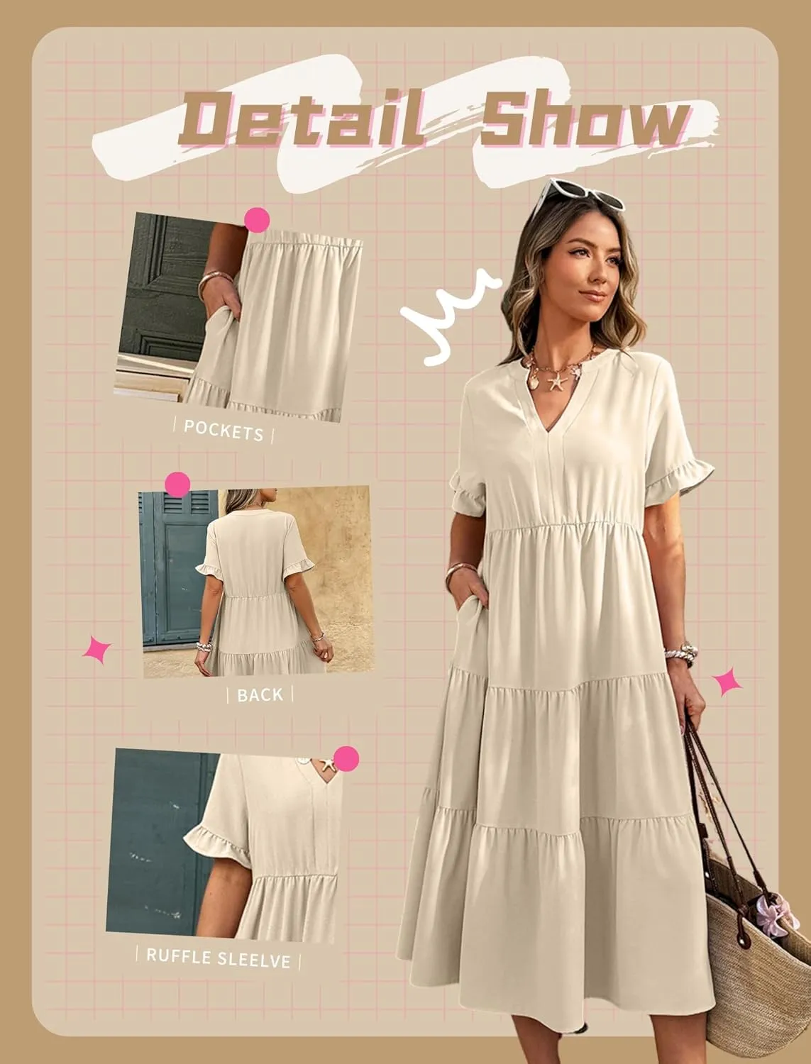 Theenkoln Womens Casual Midi Dress: Short Sleeve V-Neck Empire Waist Gingham Spring Fashion Long Trendy Tiered Formal Dresses