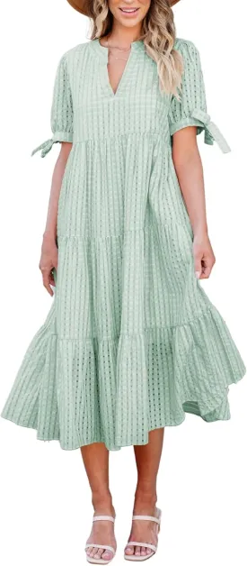 Theenkoln Womens Casual Midi Dress: Short Sleeve V-Neck Empire Waist Gingham Spring Fashion Long Trendy Tiered Formal Dresses