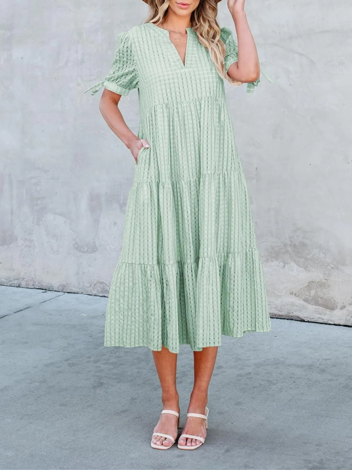 Theenkoln Womens Casual Midi Dress: Short Sleeve V-Neck Empire Waist Gingham Spring Fashion Long Trendy Tiered Formal Dresses