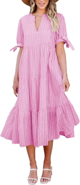 Theenkoln Womens Casual Midi Dress: Short Sleeve V-Neck Empire Waist Gingham Spring Fashion Long Trendy Tiered Formal Dresses