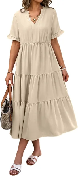 Theenkoln Womens Casual Midi Dress: Short Sleeve V-Neck Empire Waist Gingham Spring Fashion Long Trendy Tiered Formal Dresses