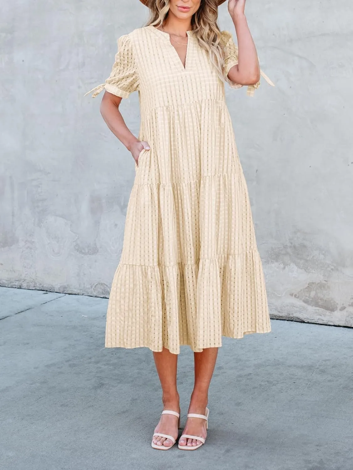 Theenkoln Womens Casual Midi Dress: Short Sleeve V-Neck Empire Waist Gingham Spring Fashion Long Trendy Tiered Formal Dresses