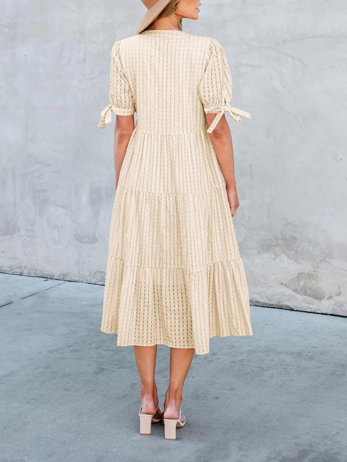 Theenkoln Womens Casual Midi Dress: Short Sleeve V-Neck Empire Waist Gingham Spring Fashion Long Trendy Tiered Formal Dresses