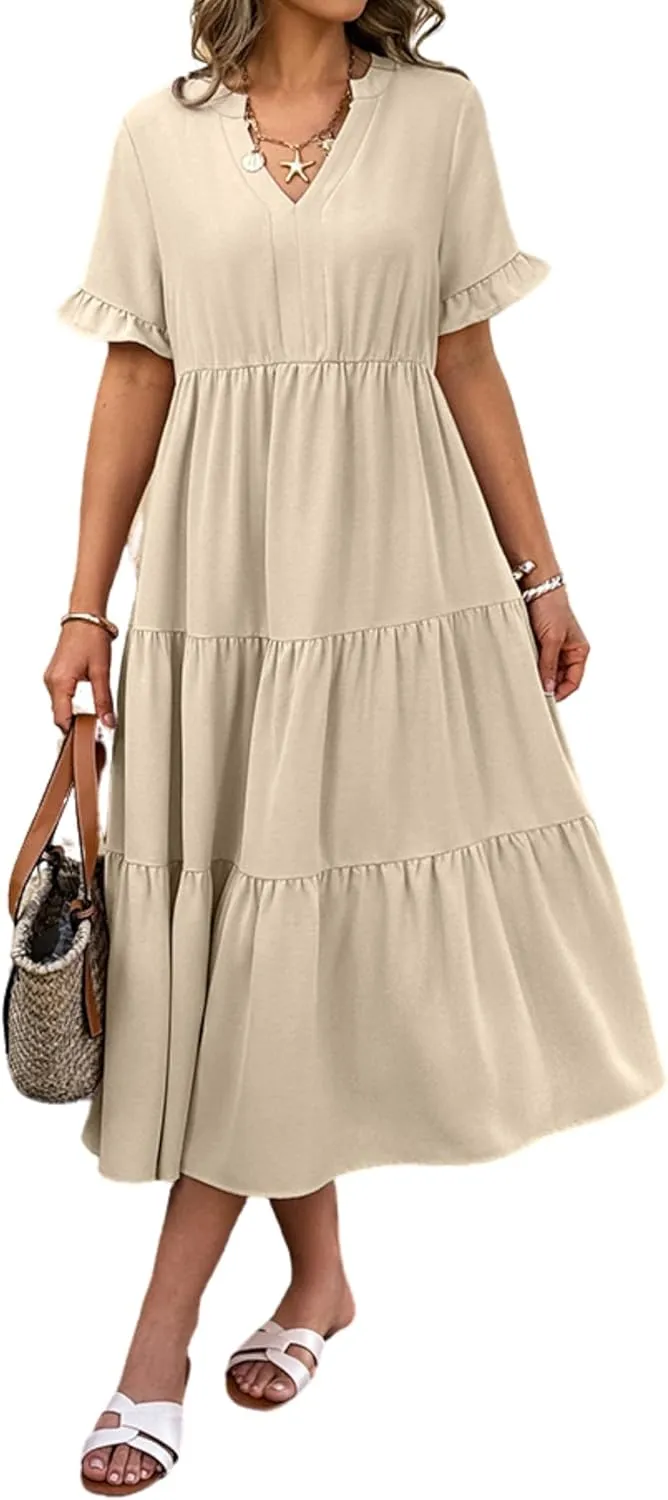 Theenkoln Womens Casual Midi Dress: Short Sleeve V-Neck Empire Waist Gingham Spring Fashion Long Trendy Tiered Formal Dresses